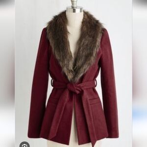 Modcloth Maroon Jacket with Faux Fur Collar